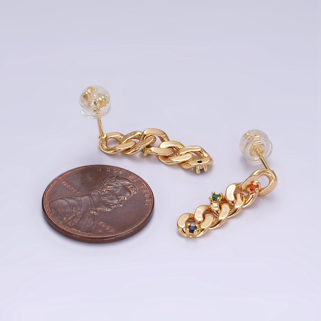 14K Gold plated 21mm Multicolor CZ Curb Chain Link Drop Stud Earrings | AE909 - DLUXCA