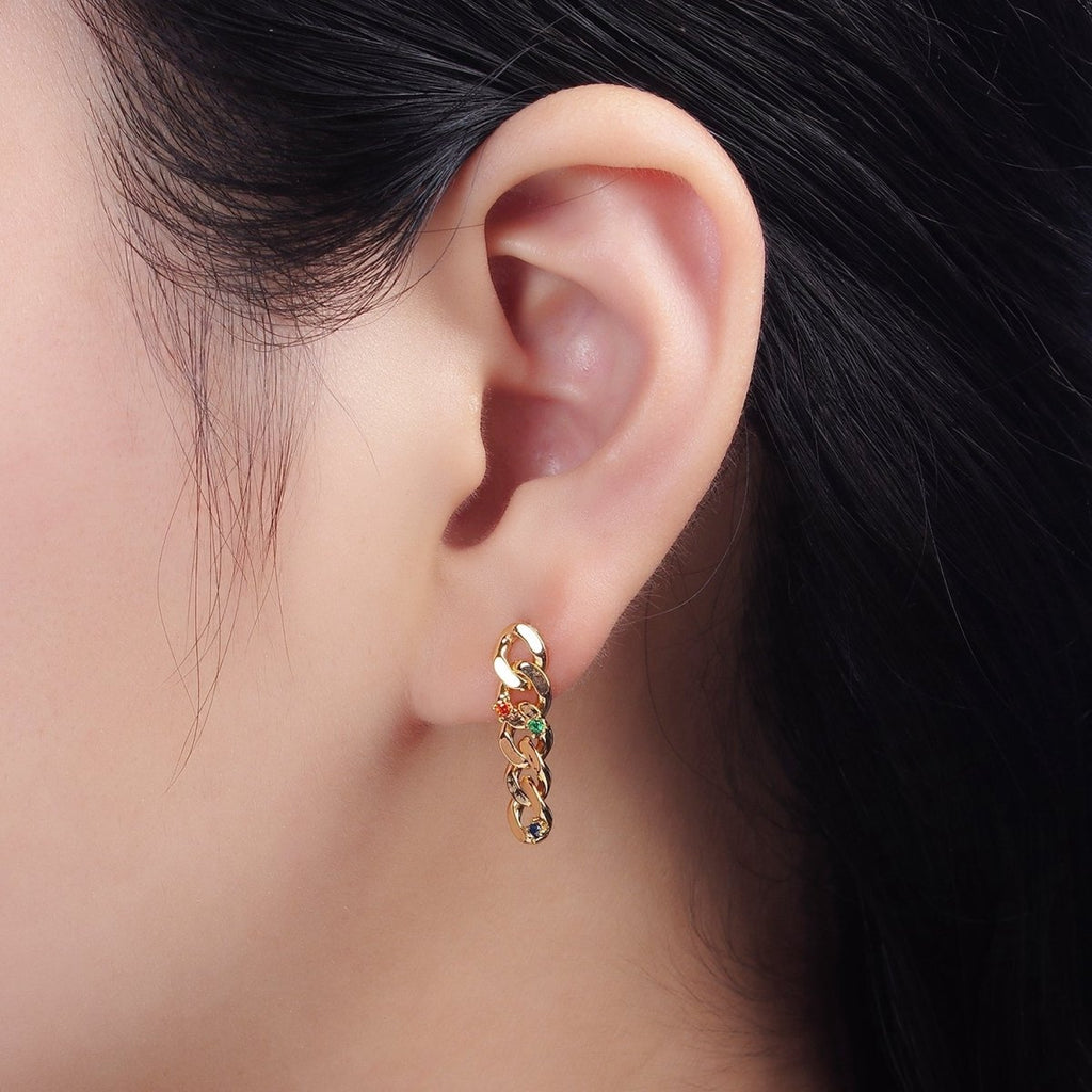 14K Gold plated 21mm Multicolor CZ Curb Chain Link Drop Stud Earrings | AE909 - DLUXCA