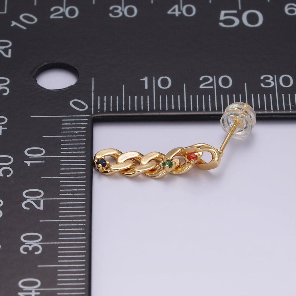 14K Gold plated 21mm Multicolor CZ Curb Chain Link Drop Stud Earrings | AE909 - DLUXCA