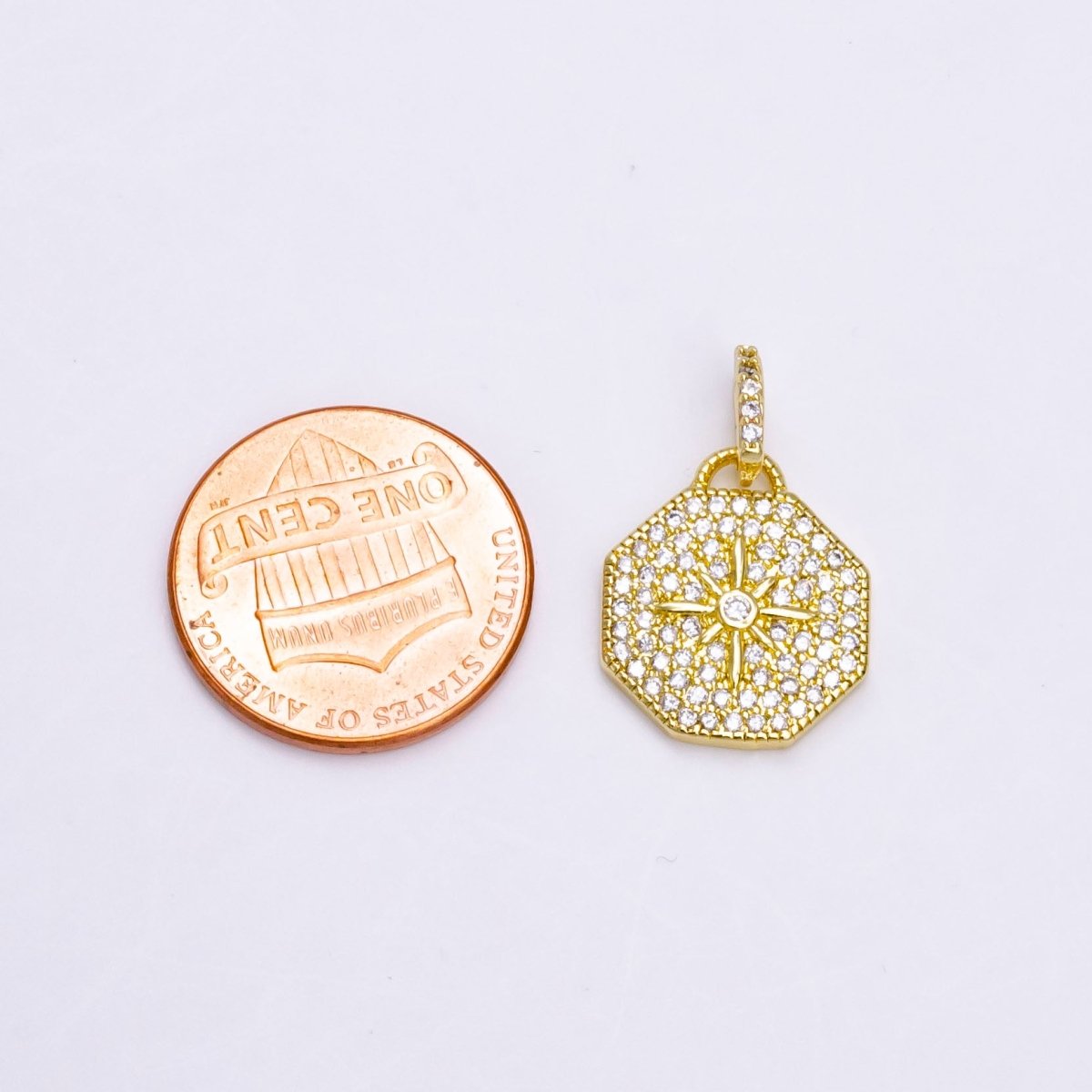 14K Gold plated 21mm North Star Clear CZ Micro Paved Hexagonal Pendant | AA742 - DLUXCA