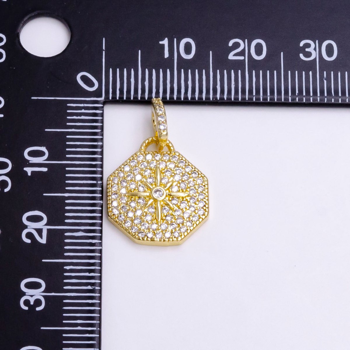 14K Gold plated 21mm North Star Clear CZ Micro Paved Hexagonal Pendant | AA742 - DLUXCA