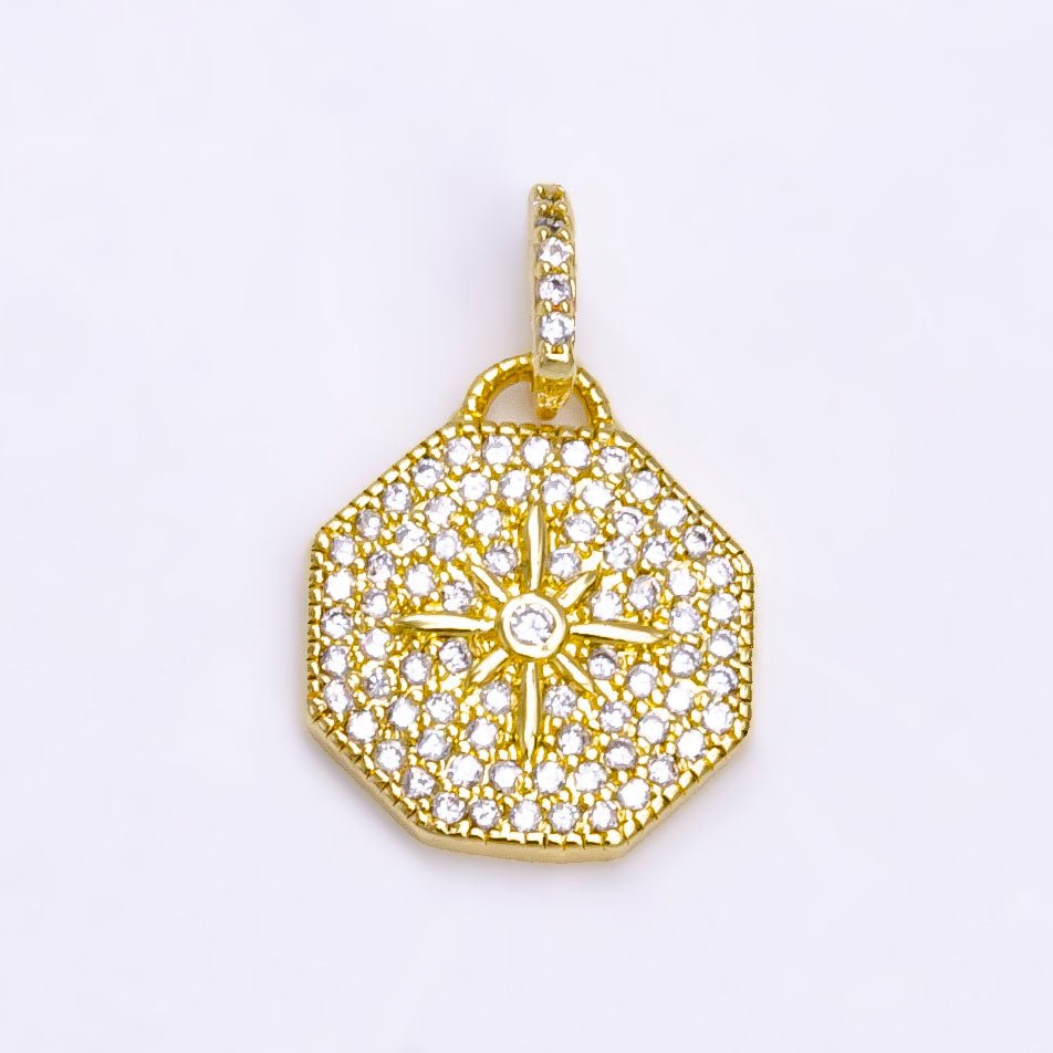 14K Gold plated 21mm North Star Clear CZ Micro Paved Hexagonal Pendant | AA742 - DLUXCA