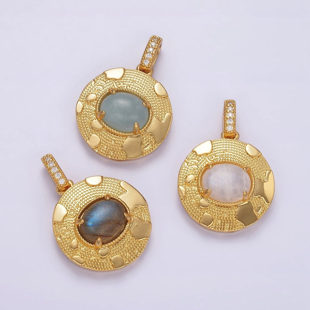 14K Gold plated 22.5mm Moonstone, Labradorite, Blue Agate Oval Dotted Splatter Micro Paved CZ Bail Round Pendant | AA692 - AA694