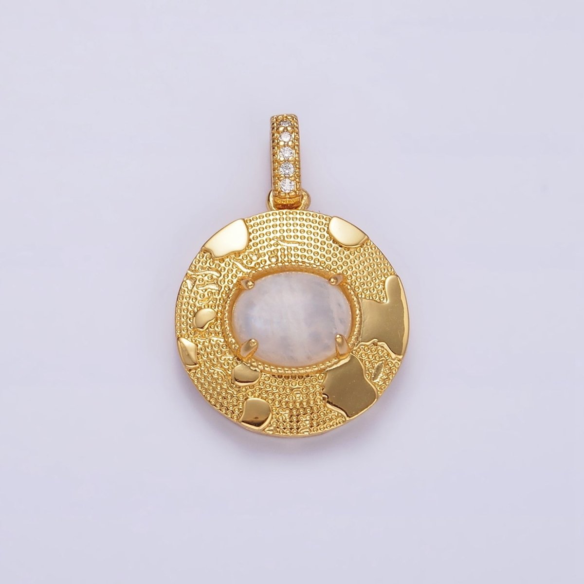 14K Gold plated 22.5mm Moonstone, Labradorite, Blue Agate Oval Dotted Splatter Micro Paved CZ Bail Round Pendant | AA692 - AA694
