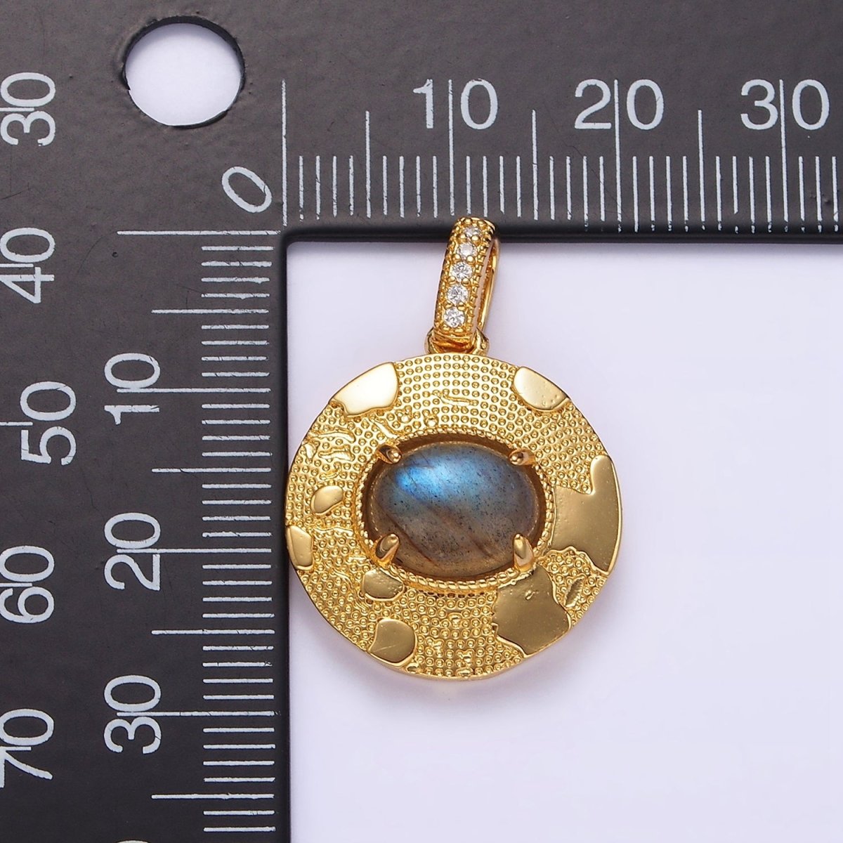 14K Gold plated 22.5mm Moonstone, Labradorite, Blue Agate Oval Dotted Splatter Micro Paved CZ Bail Round Pendant | AA692 - AA694