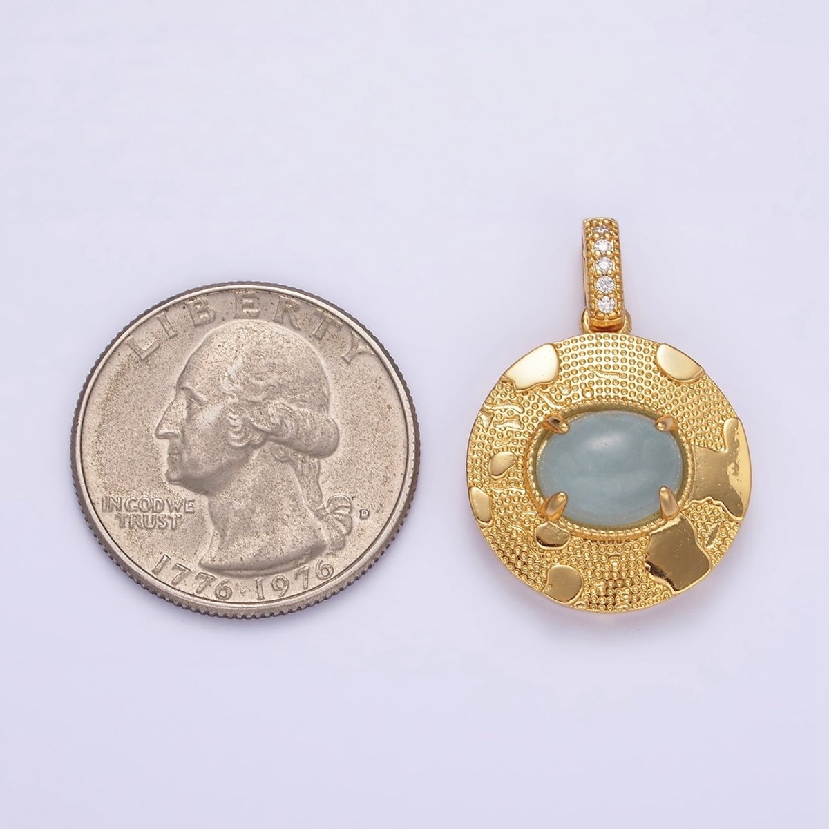 14K Gold plated 22.5mm Moonstone, Labradorite, Blue Agate Oval Dotted Splatter Micro Paved CZ Bail Round Pendant | AA692 - AA694