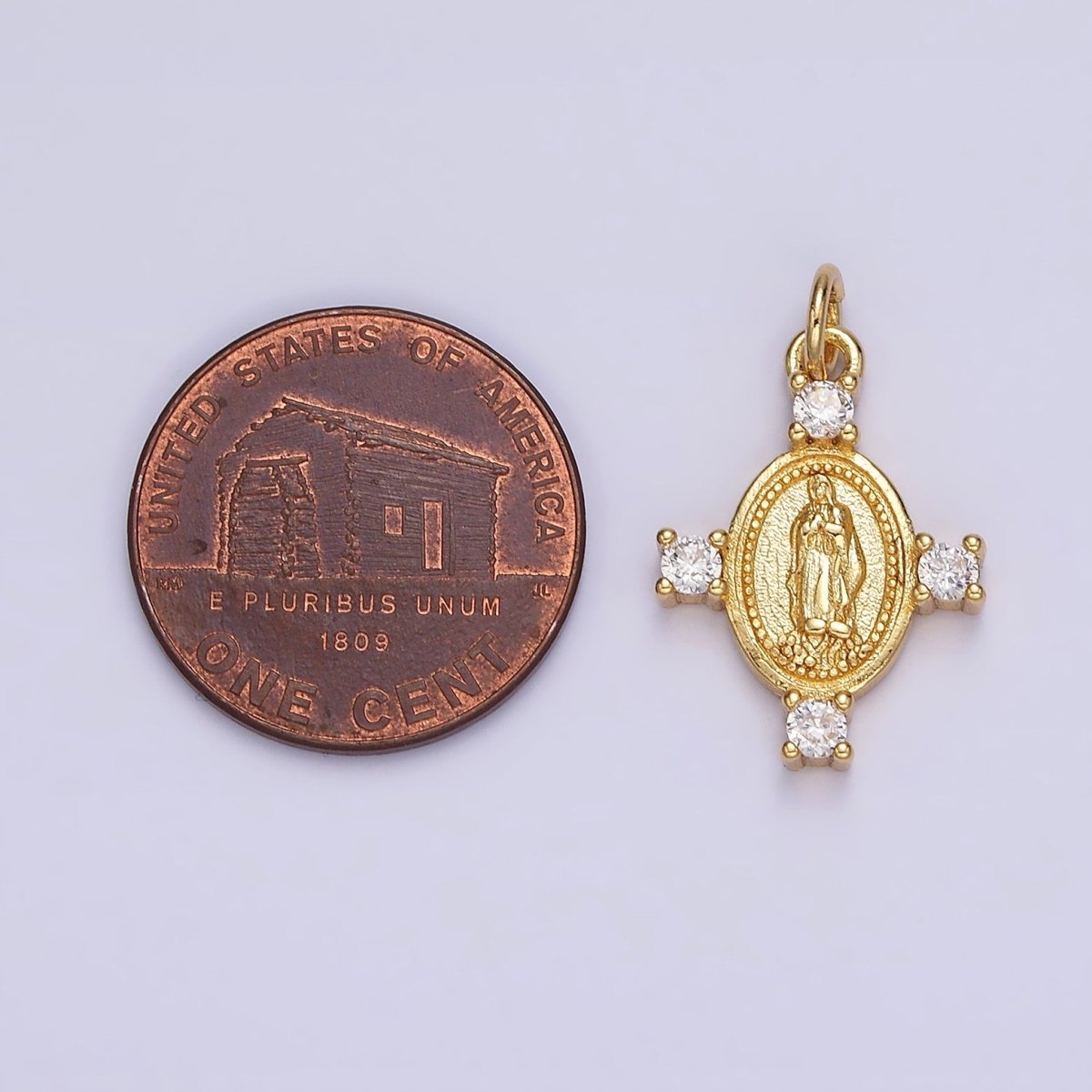 14K Gold plated 22.5mm Mother Mary Lady Guadalupe Clear CZ Dotted Oval Charm | N-1036 - DLUXCA