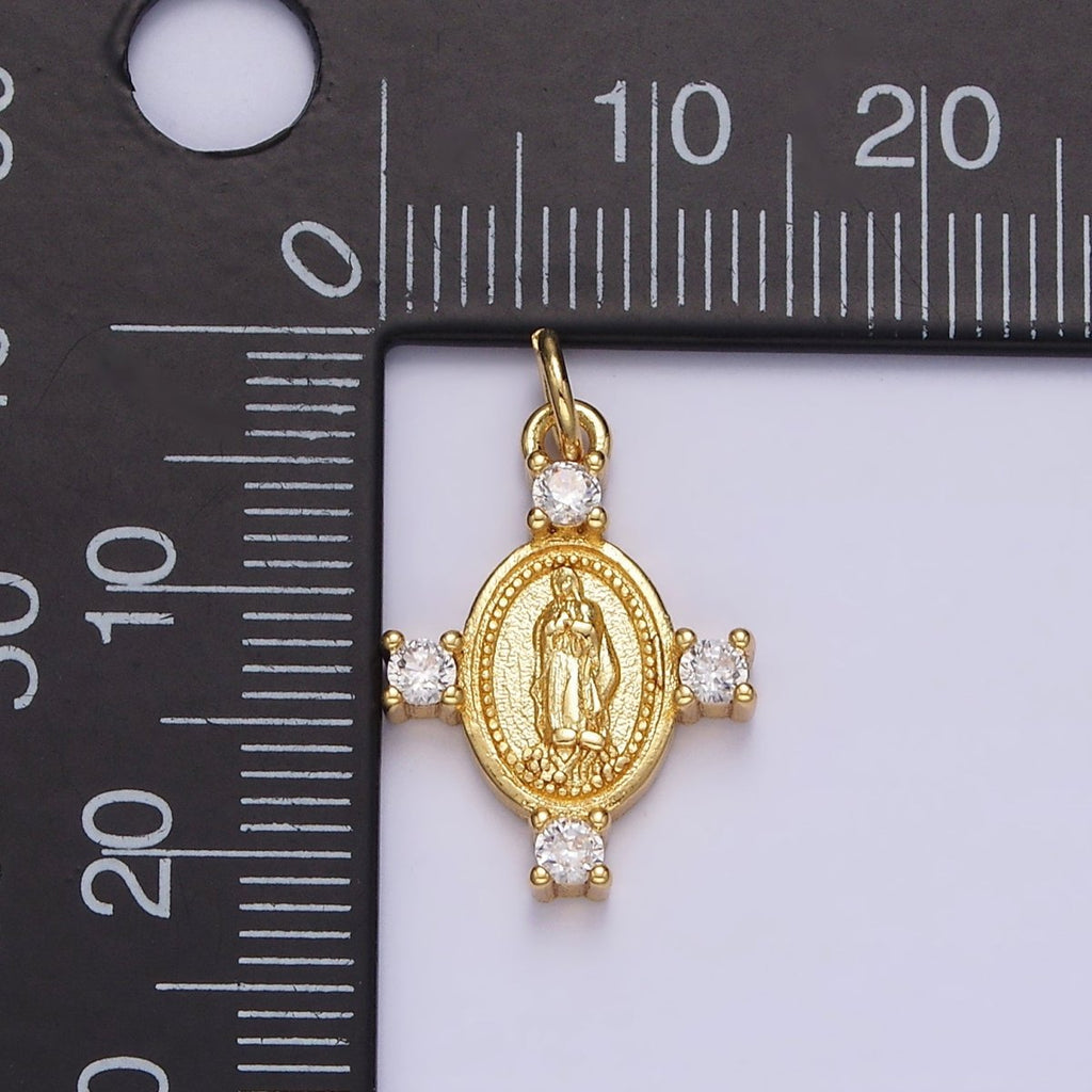14K Gold plated 22.5mm Mother Mary Lady Guadalupe Clear CZ Dotted Oval Charm | N-1036 - DLUXCA
