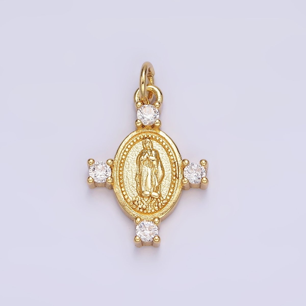 14K Gold plated 22.5mm Mother Mary Lady Guadalupe Clear CZ Dotted Oval Charm | N-1036 - DLUXCA
