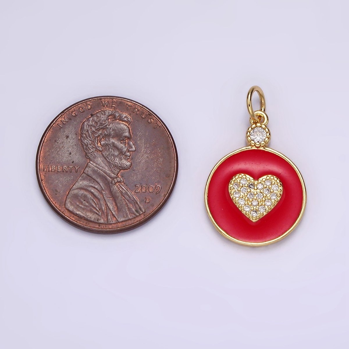 14K Gold plated 22mm Clear Micro Paved CZ Heart Red Enamel Round Charm | N1733 - DLUXCA