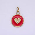 14K Gold plated 22mm Clear Micro Paved CZ Heart Red Enamel Round Charm | N1733 - DLUXCA