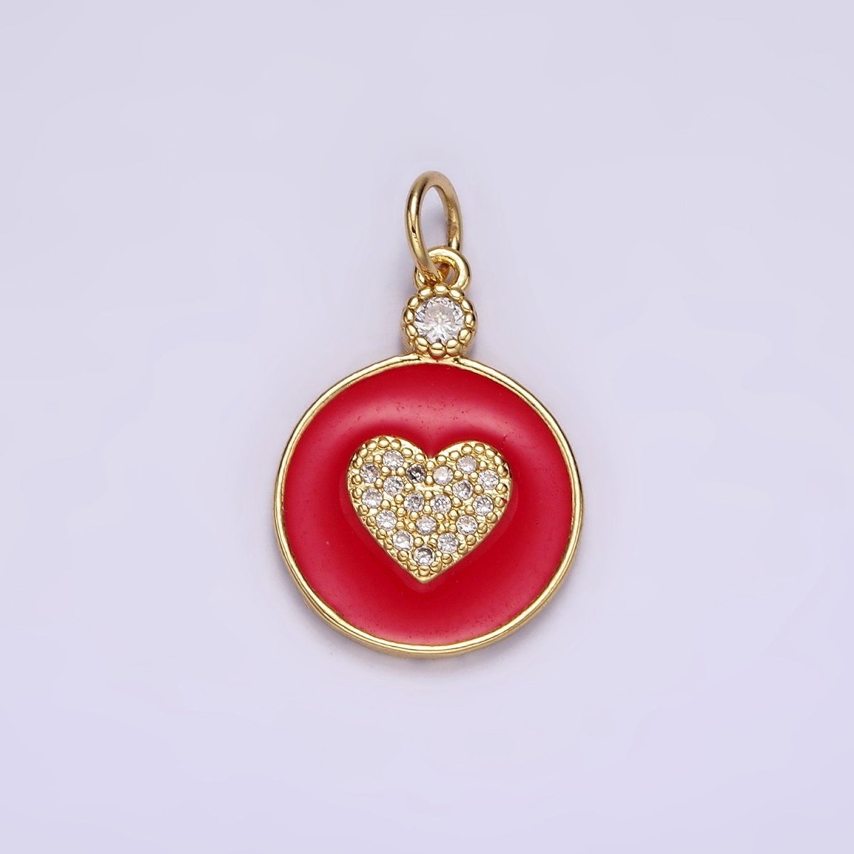 14K Gold plated 22mm Clear Micro Paved CZ Heart Red Enamel Round Charm | N1733 - DLUXCA