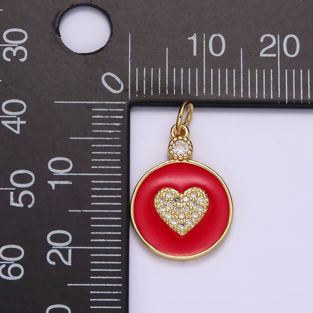 14K Gold plated 22mm Clear Micro Paved CZ Heart Red Enamel Round Charm | N1733 - DLUXCA