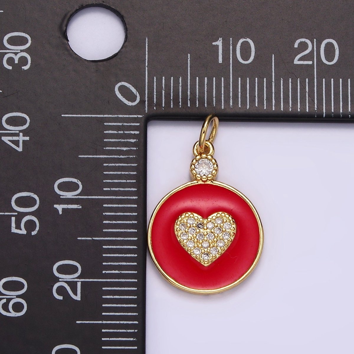 14K Gold plated 22mm Clear Micro Paved CZ Heart Red Enamel Round Charm | N1733 - DLUXCA