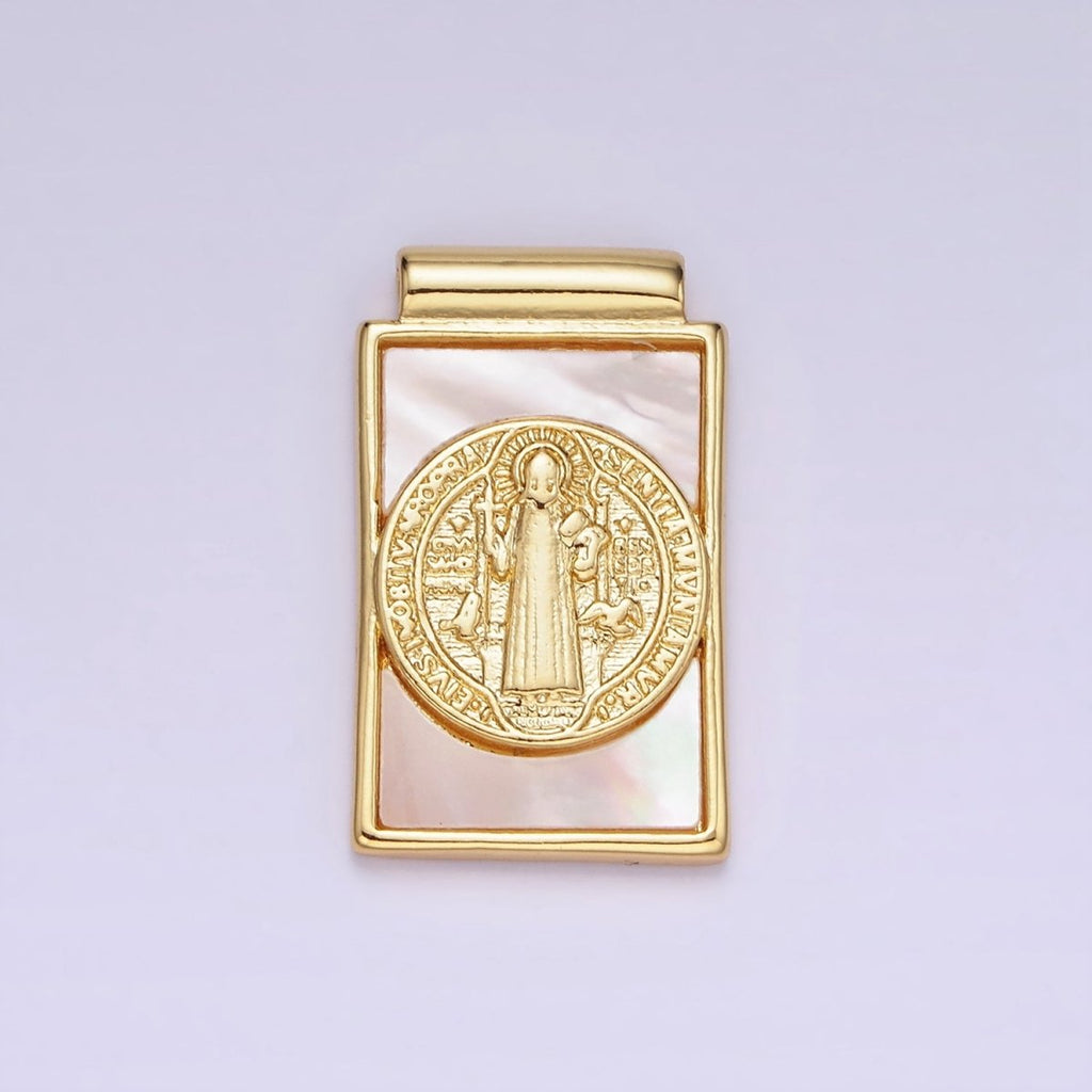 14K Gold plated 22mm Saint Benedict Shell Pearl Rectangular Pendant | AH155 - DLUXCA