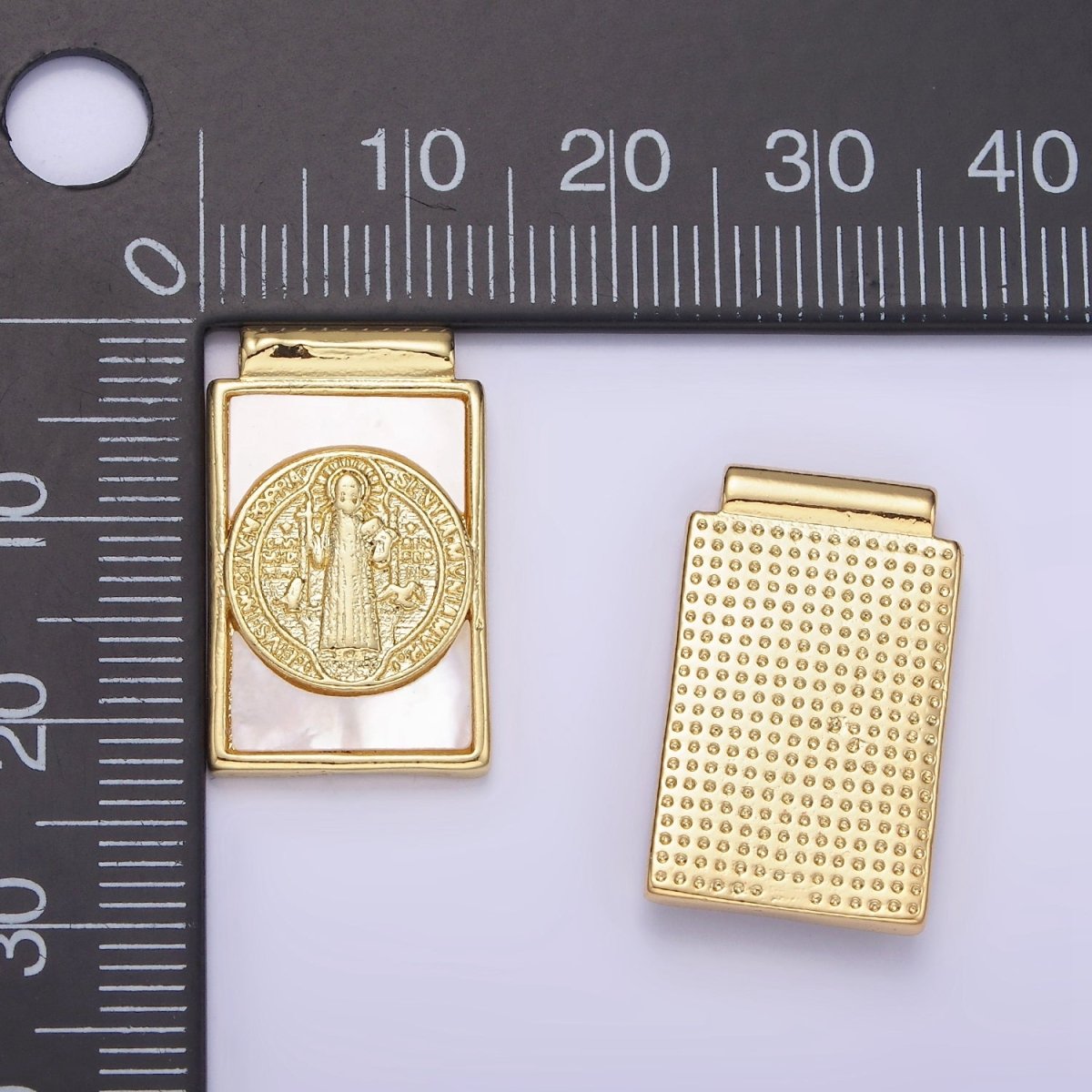 14K Gold plated 22mm Saint Benedict Shell Pearl Rectangular Pendant | AH155 - DLUXCA