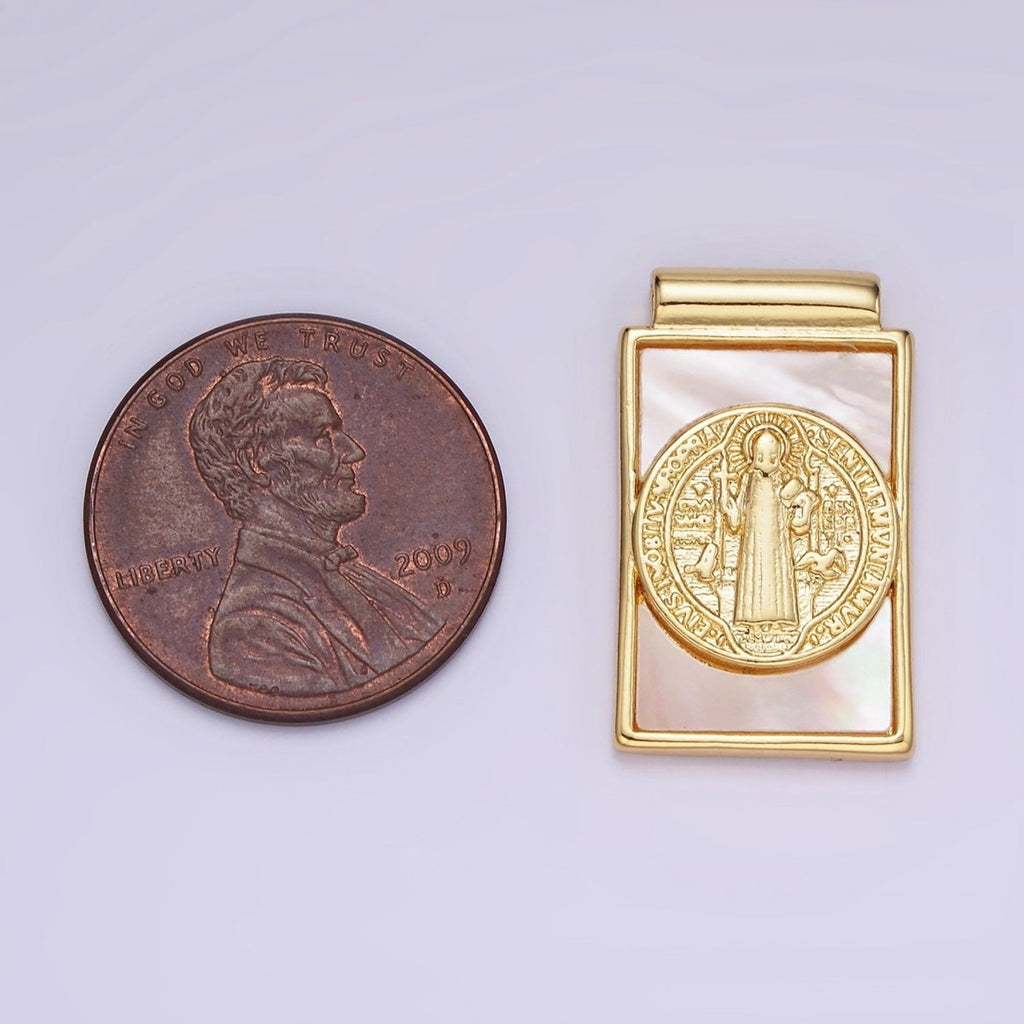 14K Gold plated 22mm Saint Benedict Shell Pearl Rectangular Pendant | AH155 - DLUXCA