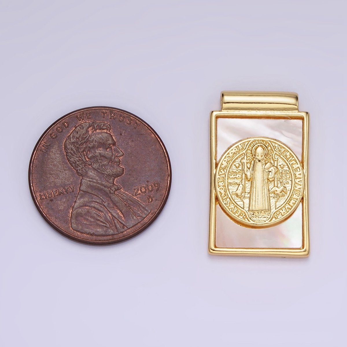 14K Gold plated 22mm Saint Benedict Shell Pearl Rectangular Pendant | AH155 - DLUXCA