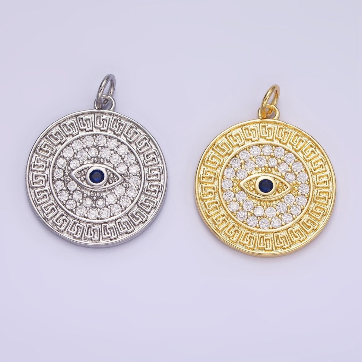 14K Gold plated 23mm Blue Evil Eye Micro Paved CZ Round Charm in Gold & Silver | AG649