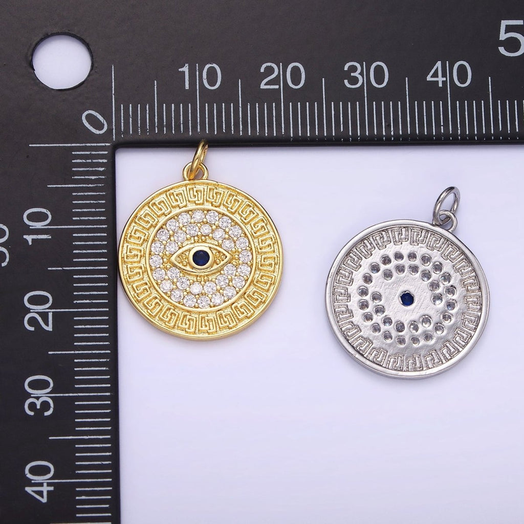 14K Gold plated 23mm Blue Evil Eye Micro Paved CZ Round Charm in Gold & Silver | AG649