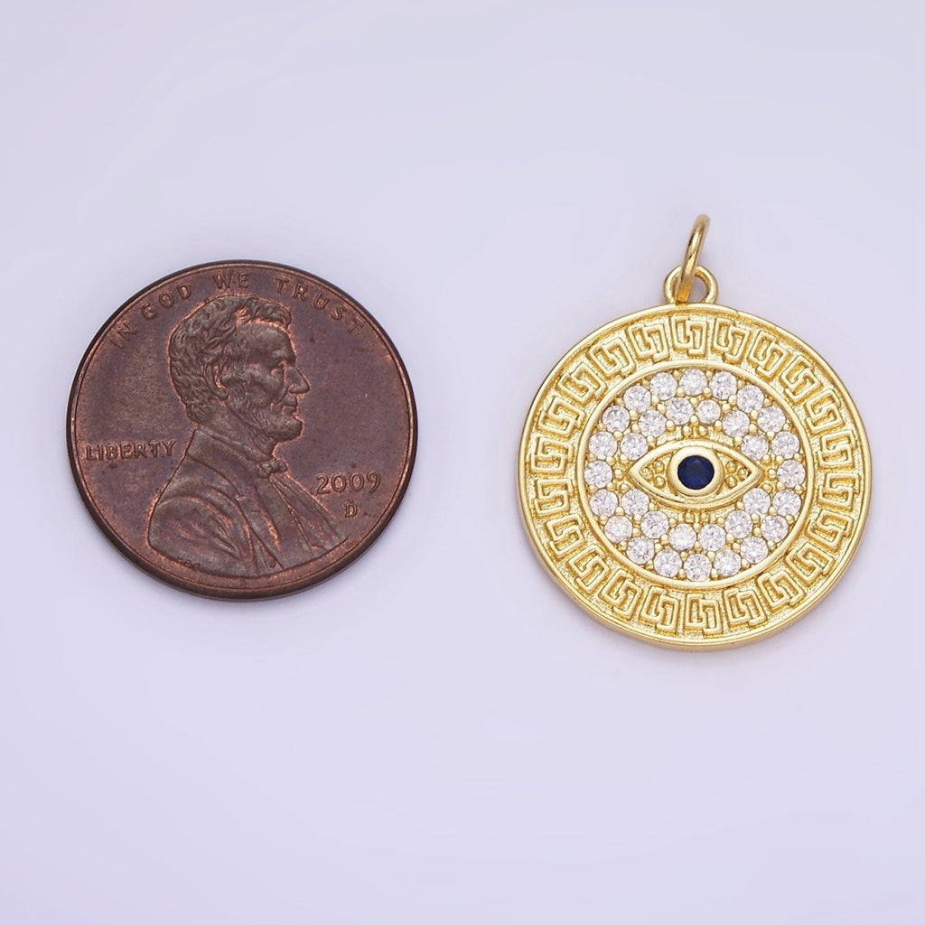 14K Gold plated 23mm Blue Evil Eye Micro Paved CZ Round Charm in Gold & Silver | AG649