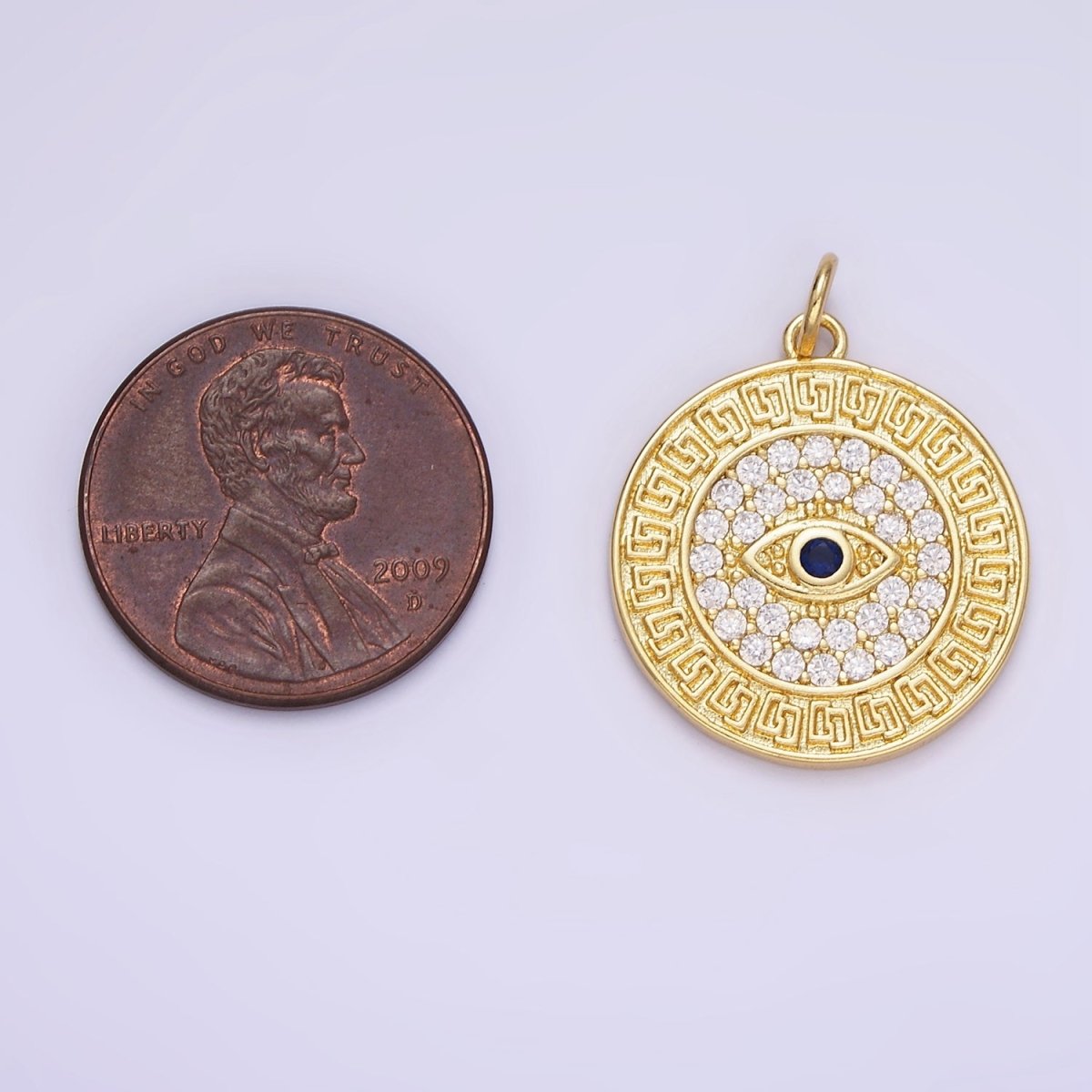 14K Gold plated 23mm Blue Evil Eye Micro Paved CZ Round Charm in Gold & Silver | AG649