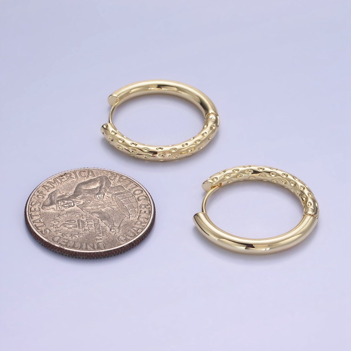 14K Gold plated 23mm Dotted Hammered Hoop Earrings in Gold & Silver | AB1331 AE213