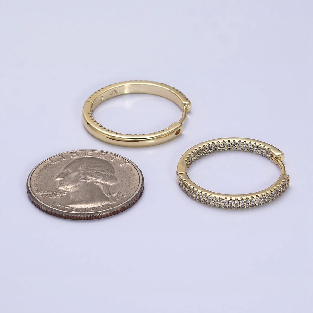 14K Gold plated 23mm Micro Paved CZ Front-Facing Endless Hoop Huggie Earrings | AD1375 - DLUXCA