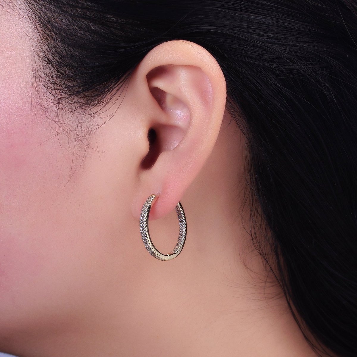 14K Gold plated 23mm Micro Paved CZ Front-Facing Endless Hoop Huggie Earrings | AD1375 - DLUXCA