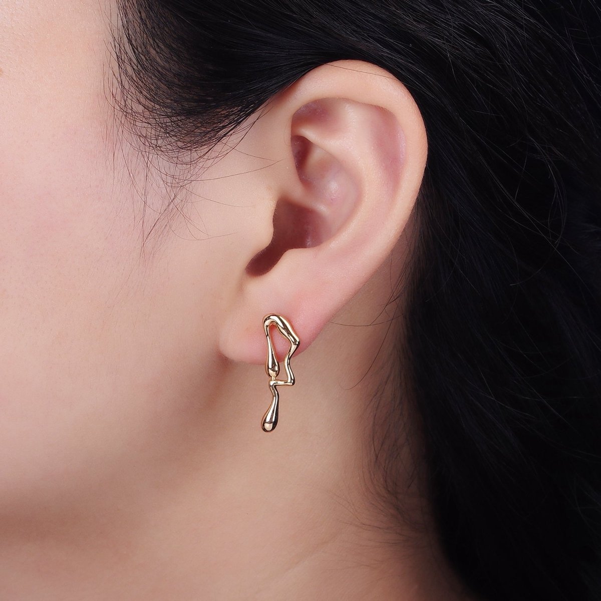 14K Gold plated 23mm Minimalist Double Molten Drip Drop Stud Earrings | AE991 - DLUXCA