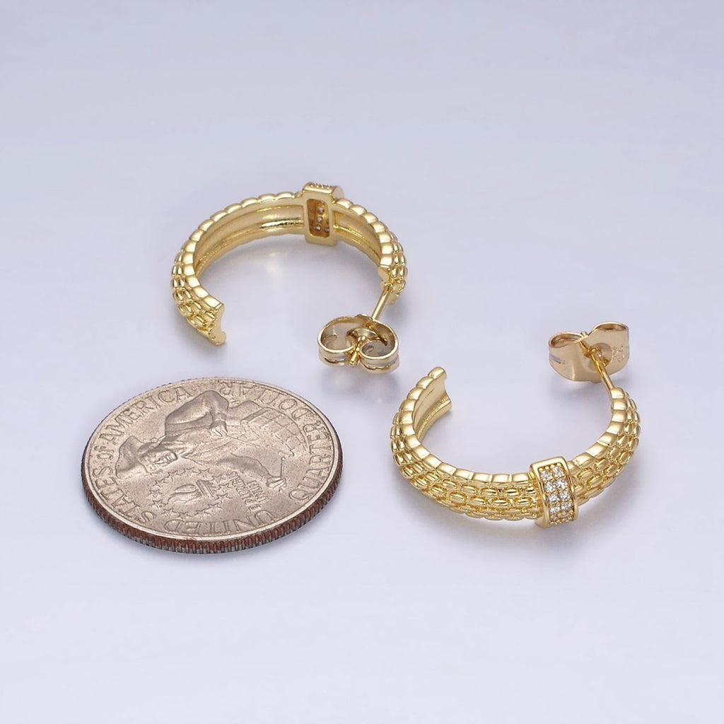 14K Gold plated 23mm Sphere Textured Clear CZ Micro Paved Bar C-Shaped Hoop Earrings | Y-895 - DLUXCA