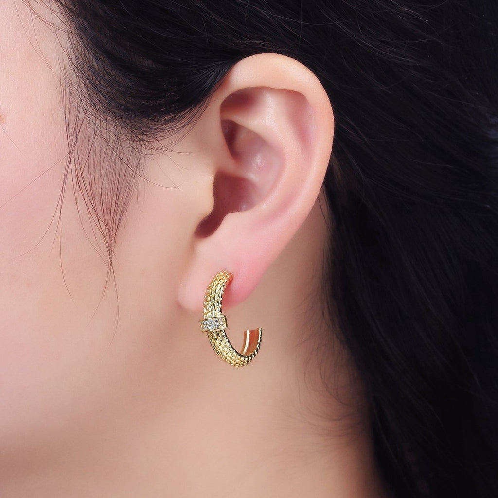14K Gold plated 23mm Sphere Textured Clear CZ Micro Paved Bar C-Shaped Hoop Earrings | Y-895 - DLUXCA
