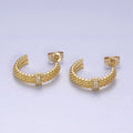 14K Gold plated 23mm Sphere Textured Clear CZ Micro Paved Bar C-Shaped Hoop Earrings | Y-895 - DLUXCA