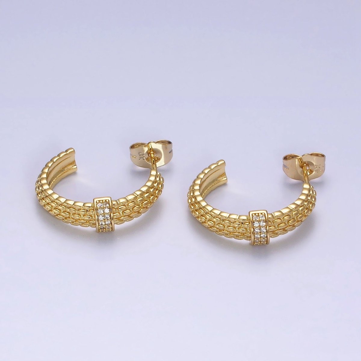 14K Gold plated 23mm Sphere Textured Clear CZ Micro Paved Bar C-Shaped Hoop Earrings | Y-895 - DLUXCA