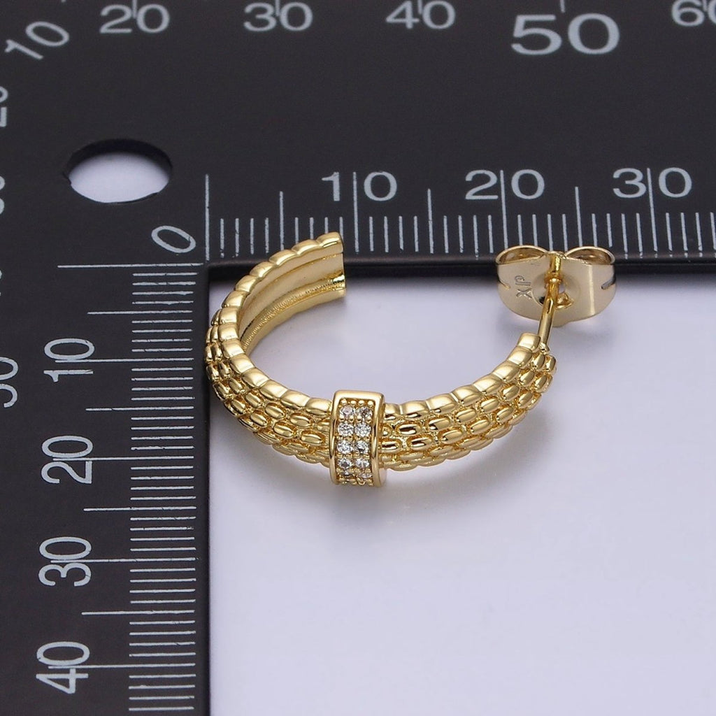14K Gold plated 23mm Sphere Textured Clear CZ Micro Paved Bar C-Shaped Hoop Earrings | Y-895 - DLUXCA