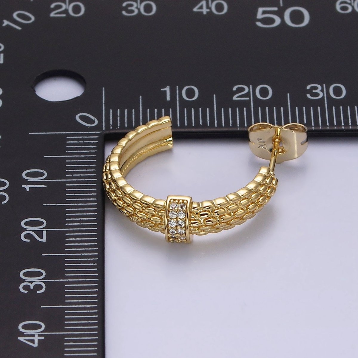 14K Gold plated 23mm Sphere Textured Clear CZ Micro Paved Bar C-Shaped Hoop Earrings | Y-895 - DLUXCA