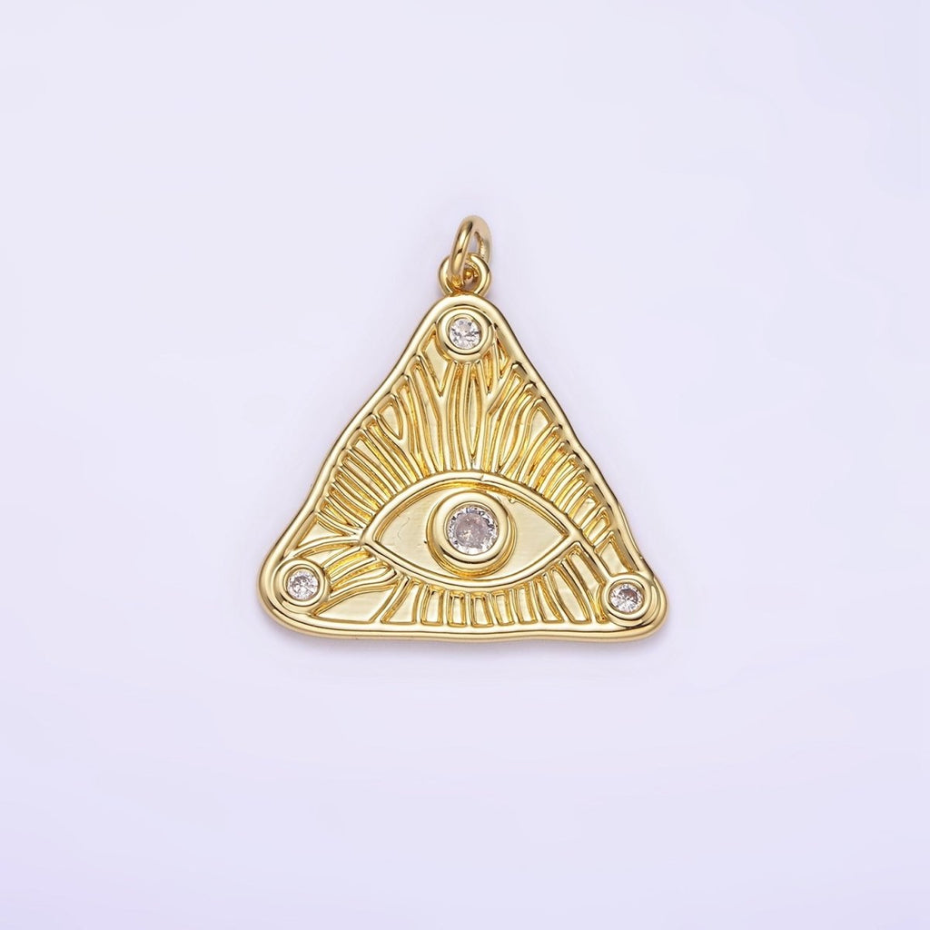 14K Gold plated 24.5mm Clear Triple CZ Evil Eye Line-Textured Triangle Charm | AG265 - DLUXCA