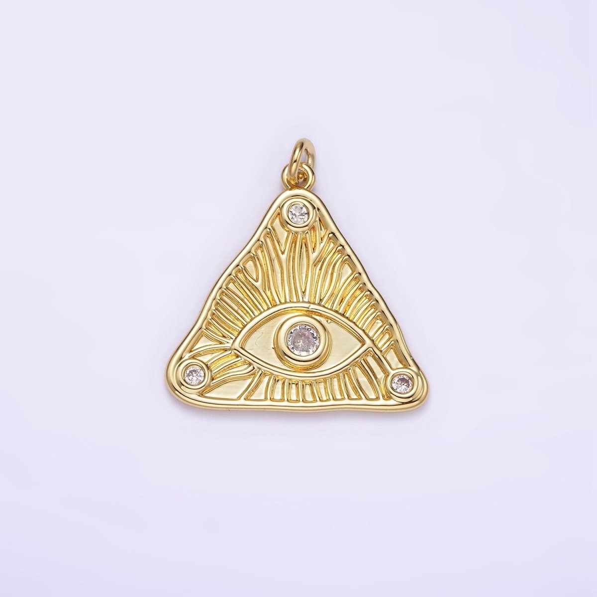 14K Gold plated 24.5mm Clear Triple CZ Evil Eye Line-Textured Triangle Charm | AG265 - DLUXCA