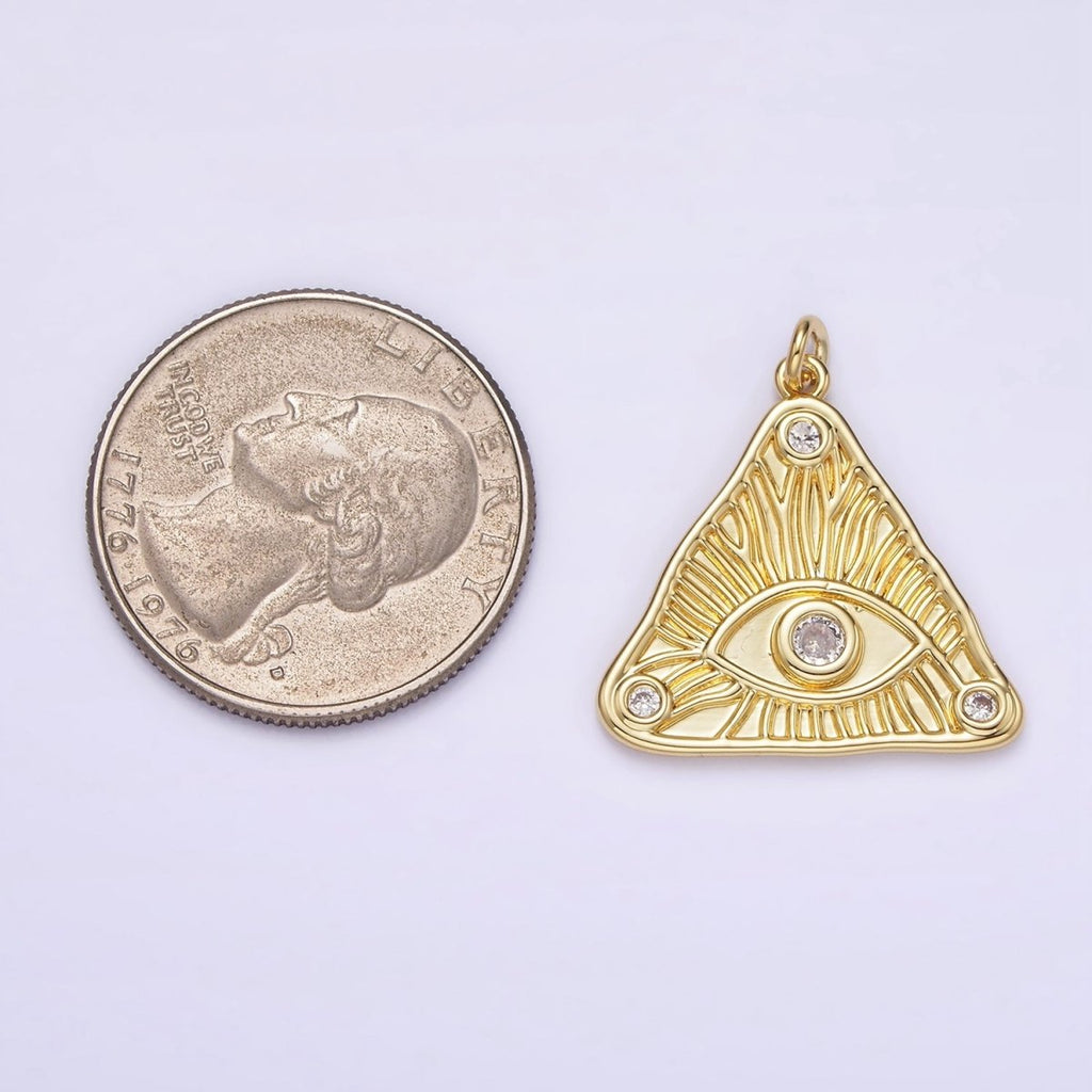 14K Gold plated 24.5mm Clear Triple CZ Evil Eye Line-Textured Triangle Charm | AG265 - DLUXCA
