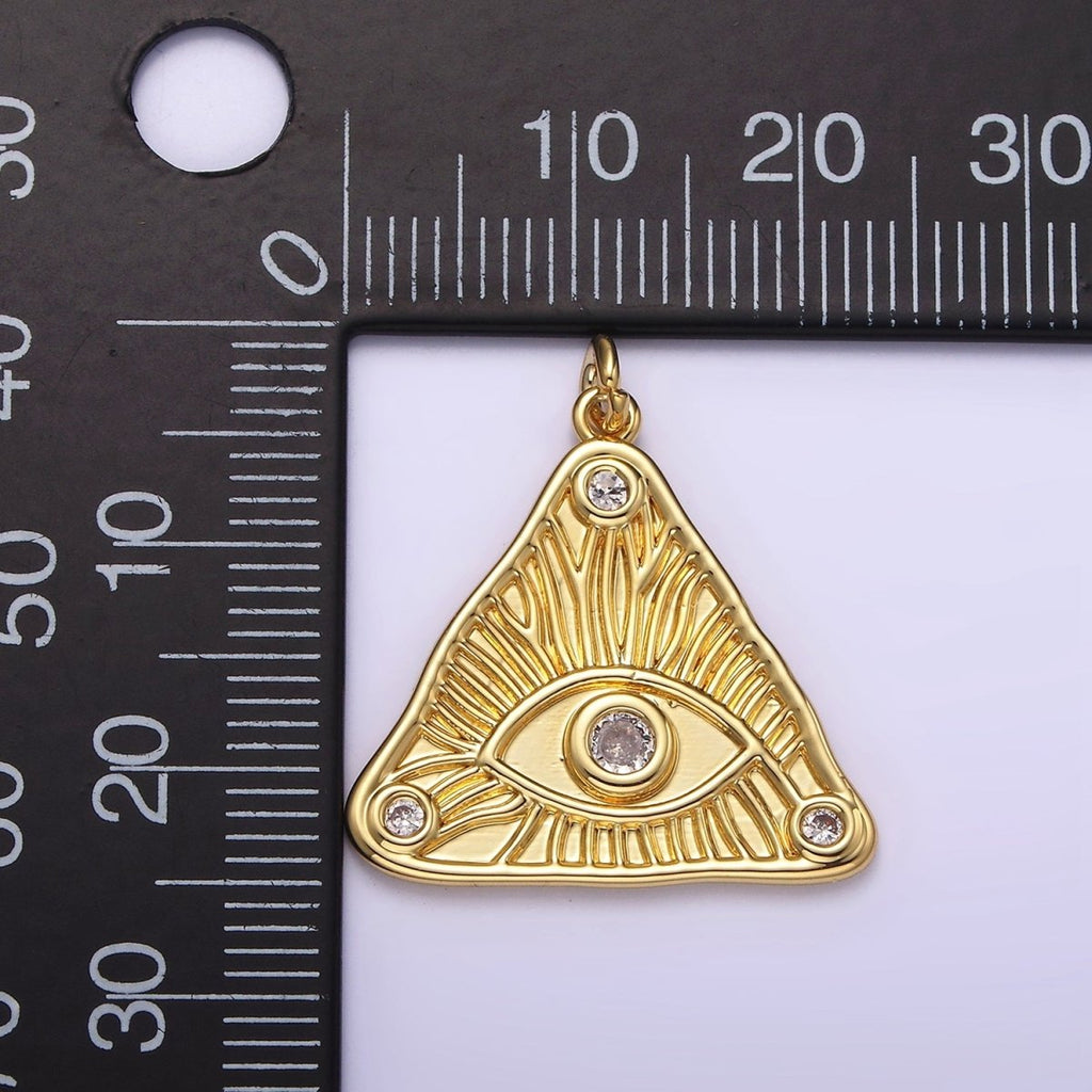 14K Gold plated 24.5mm Clear Triple CZ Evil Eye Line-Textured Triangle Charm | AG265 - DLUXCA