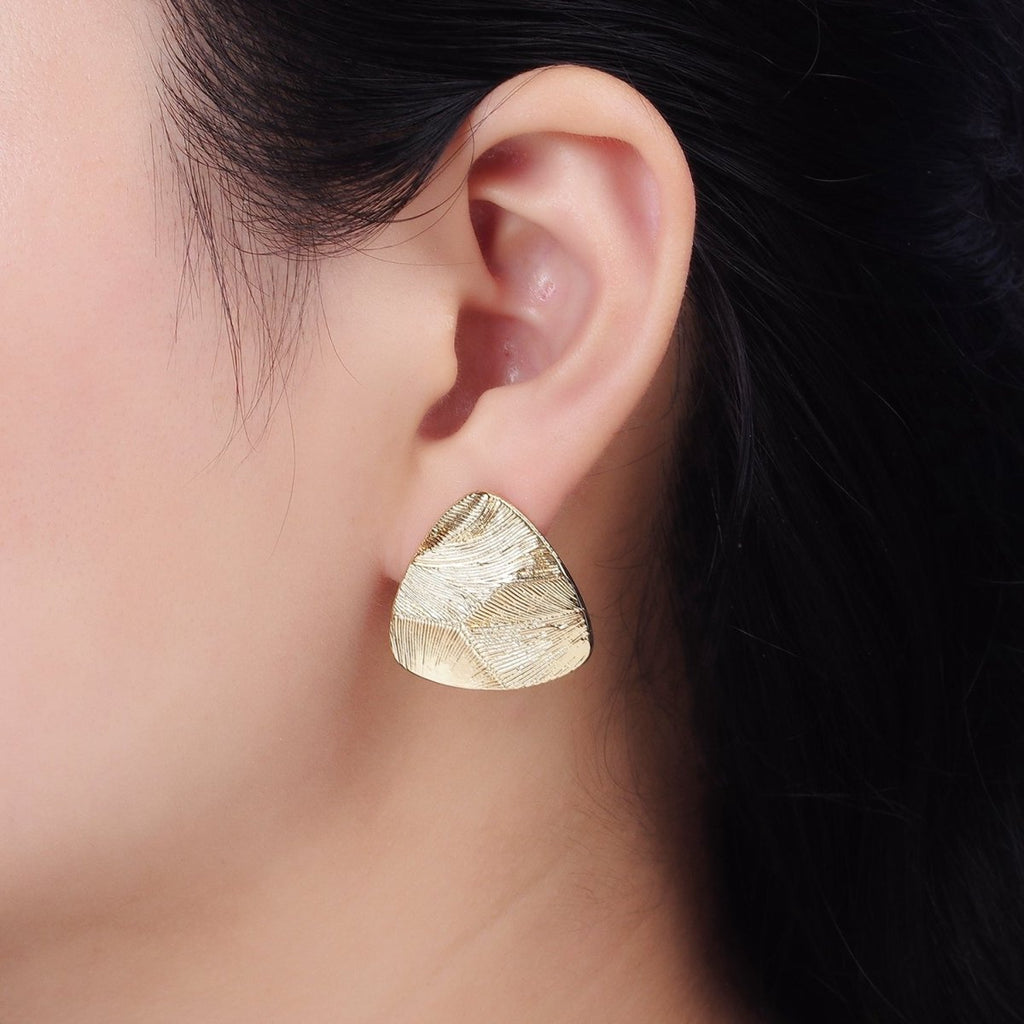 14K Gold plated 24.5mm Line-Textured Triangle Stud Earrings | AE255 - DLUXCA