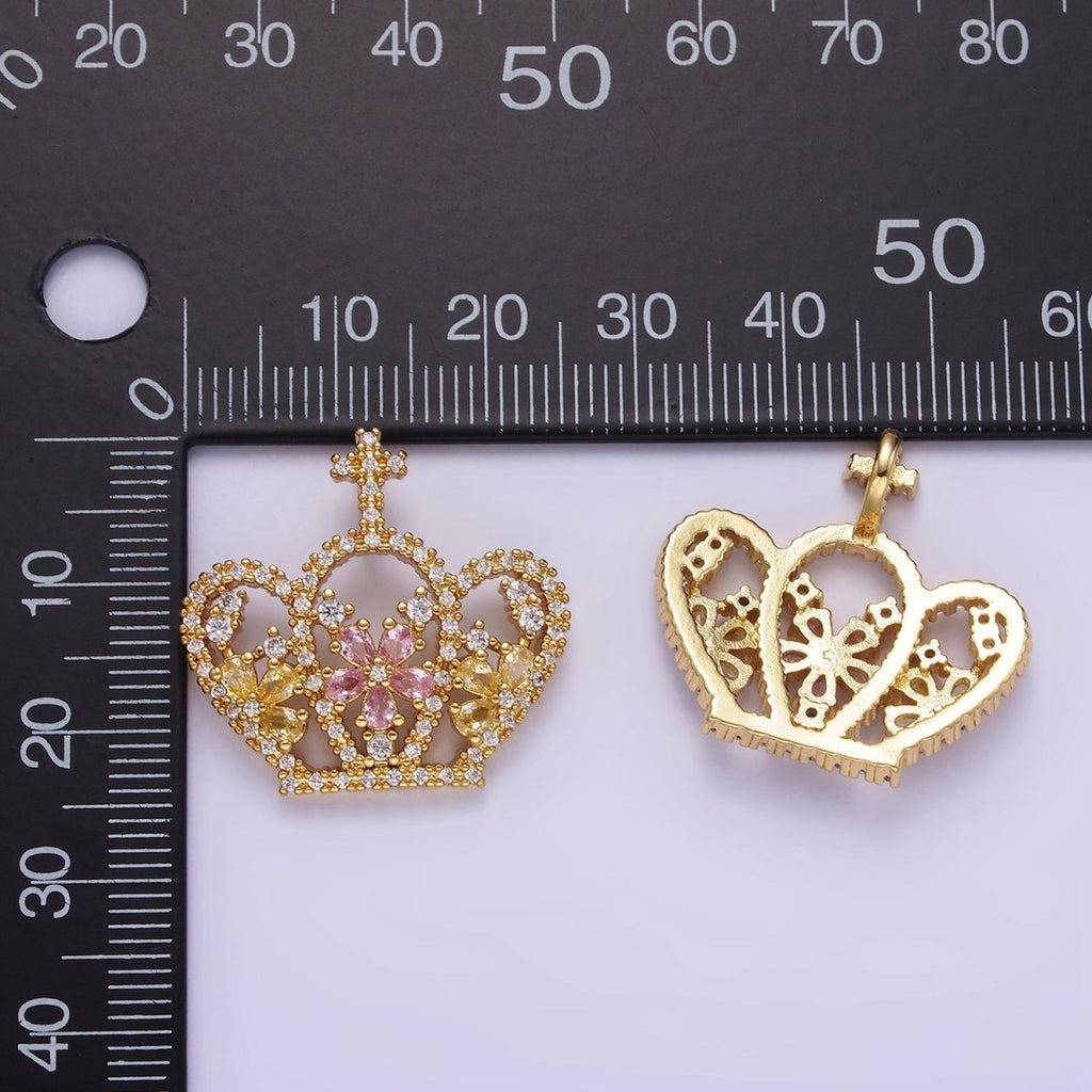 14K Gold plated 24mm Multicolor Triple Flower CZ Micro Paved Open Cross Royal Crown Pendant | AA1134 - DLUXCA