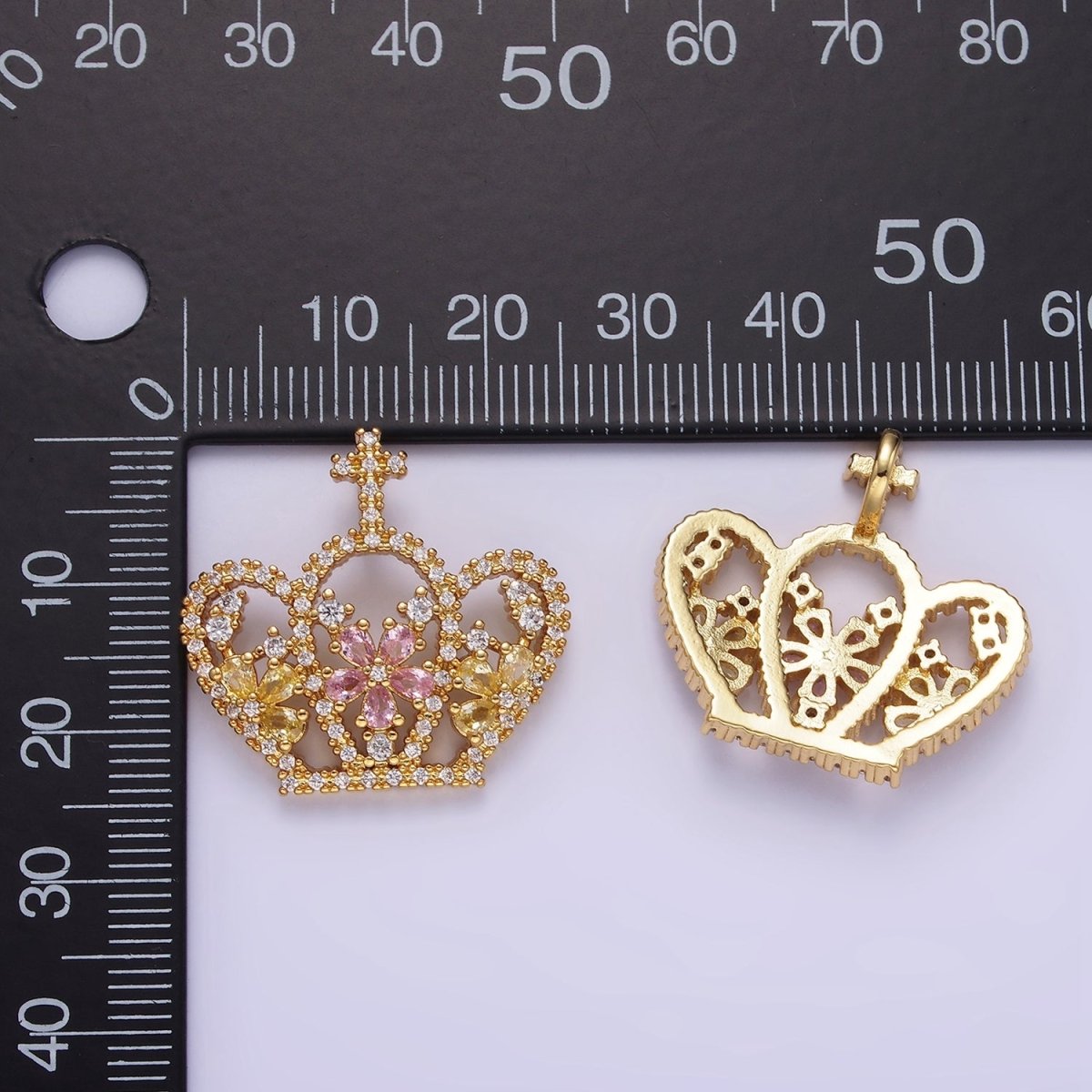 14K Gold plated 24mm Multicolor Triple Flower CZ Micro Paved Open Cross Royal Crown Pendant | AA1134 - DLUXCA