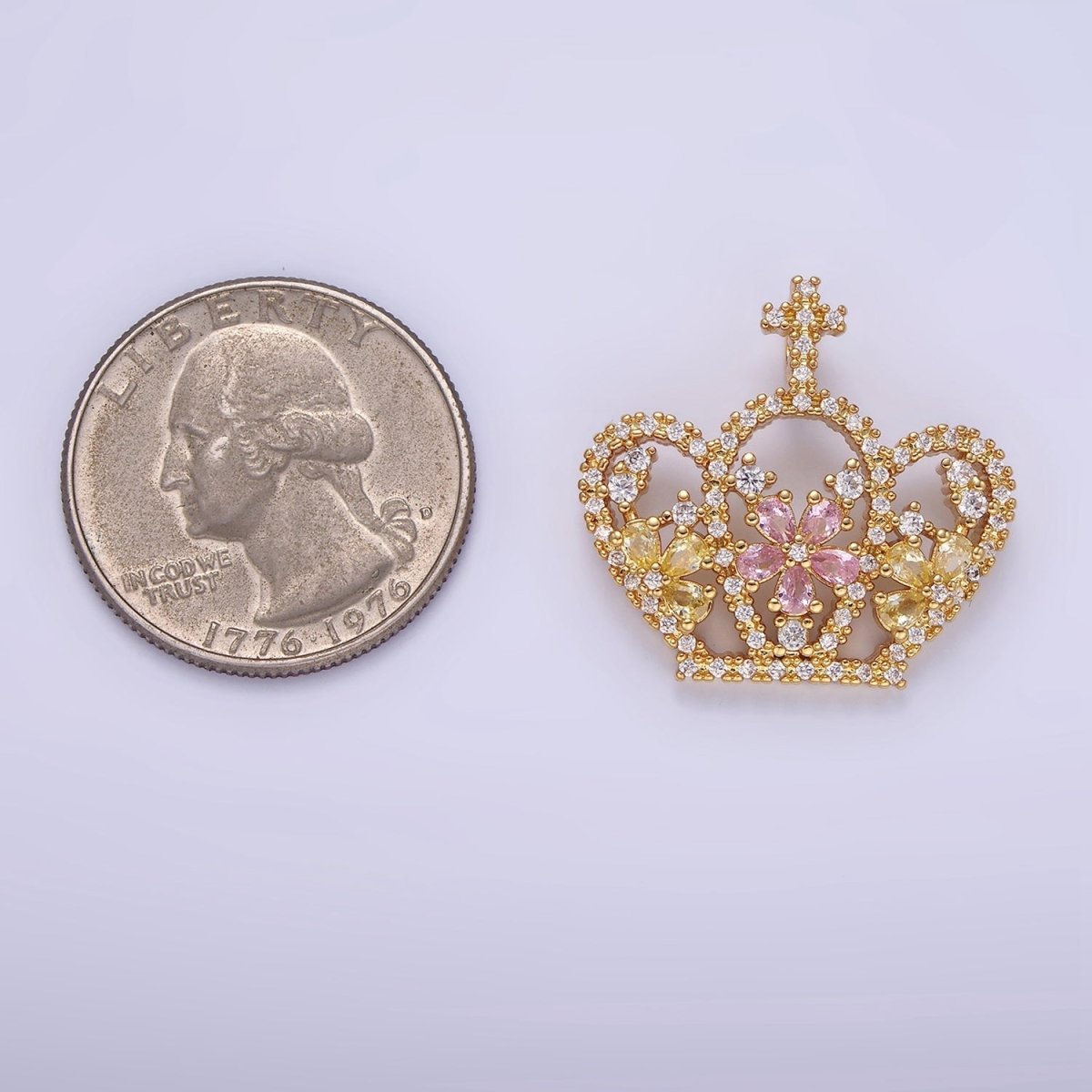 14K Gold plated 24mm Multicolor Triple Flower CZ Micro Paved Open Cross Royal Crown Pendant | AA1134 - DLUXCA