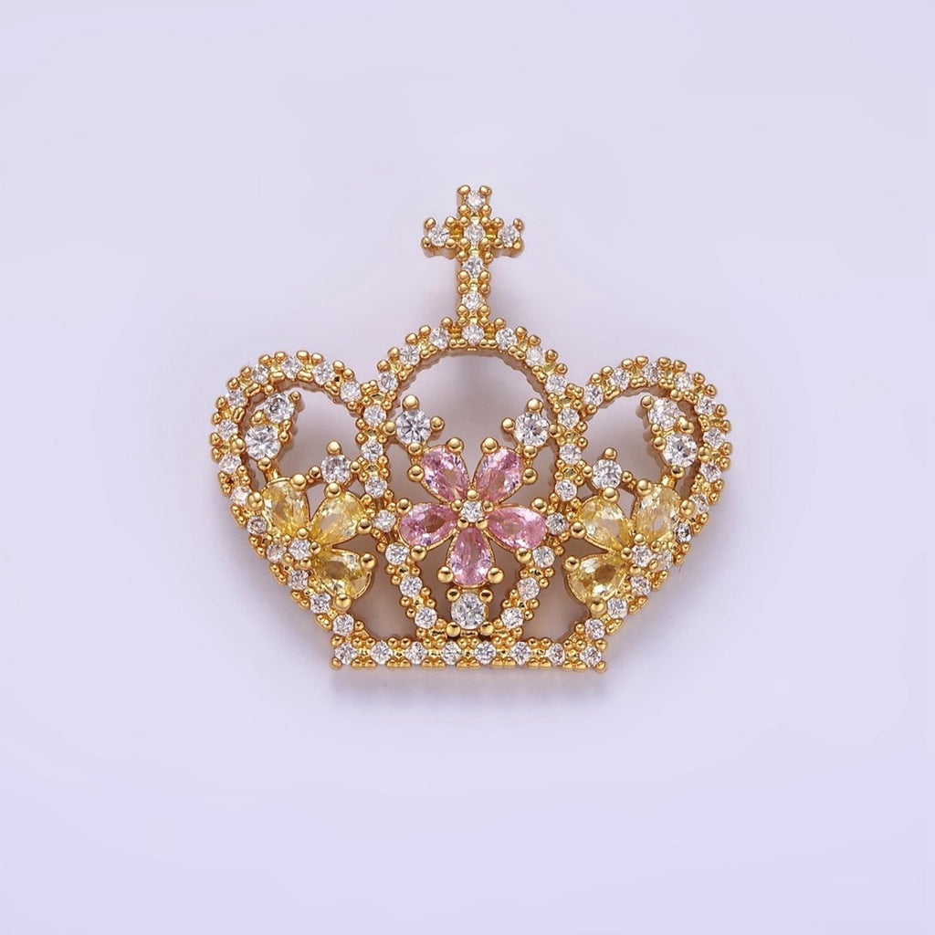14K Gold plated 24mm Multicolor Triple Flower CZ Micro Paved Open Cross Royal Crown Pendant | AA1134 - DLUXCA