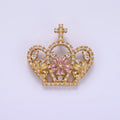 14K Gold plated 24mm Multicolor Triple Flower CZ Micro Paved Open Cross Royal Crown Pendant | AA1134 - DLUXCA
