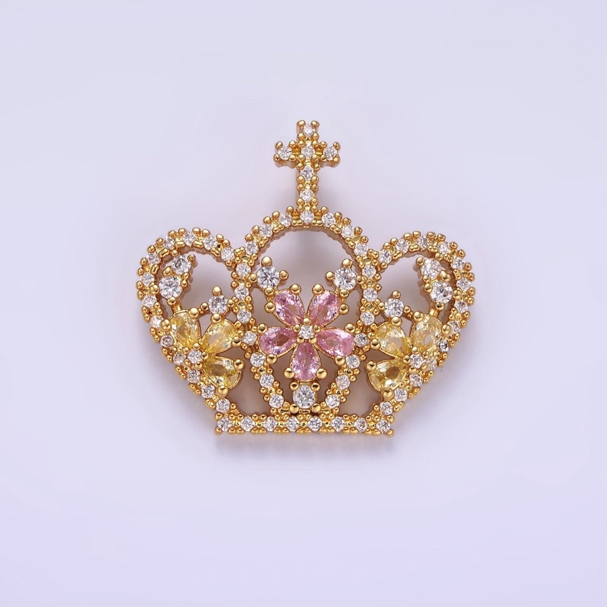 14K Gold plated 24mm Multicolor Triple Flower CZ Micro Paved Open Cross Royal Crown Pendant | AA1134 - DLUXCA