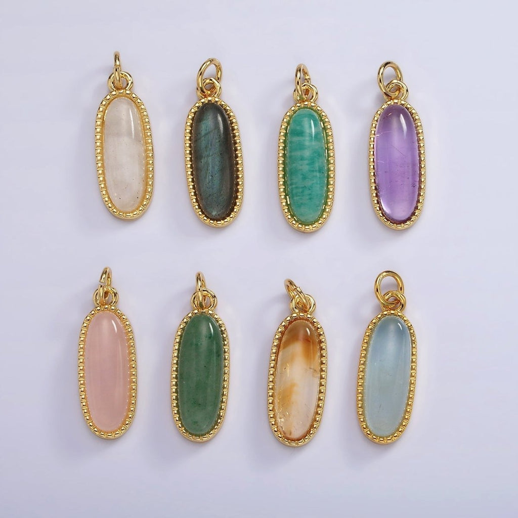 14K Gold plated 24mm Natural Gemstone Dotted Bezel Oblong Charm | AG566 - AG571 - DLUXCA