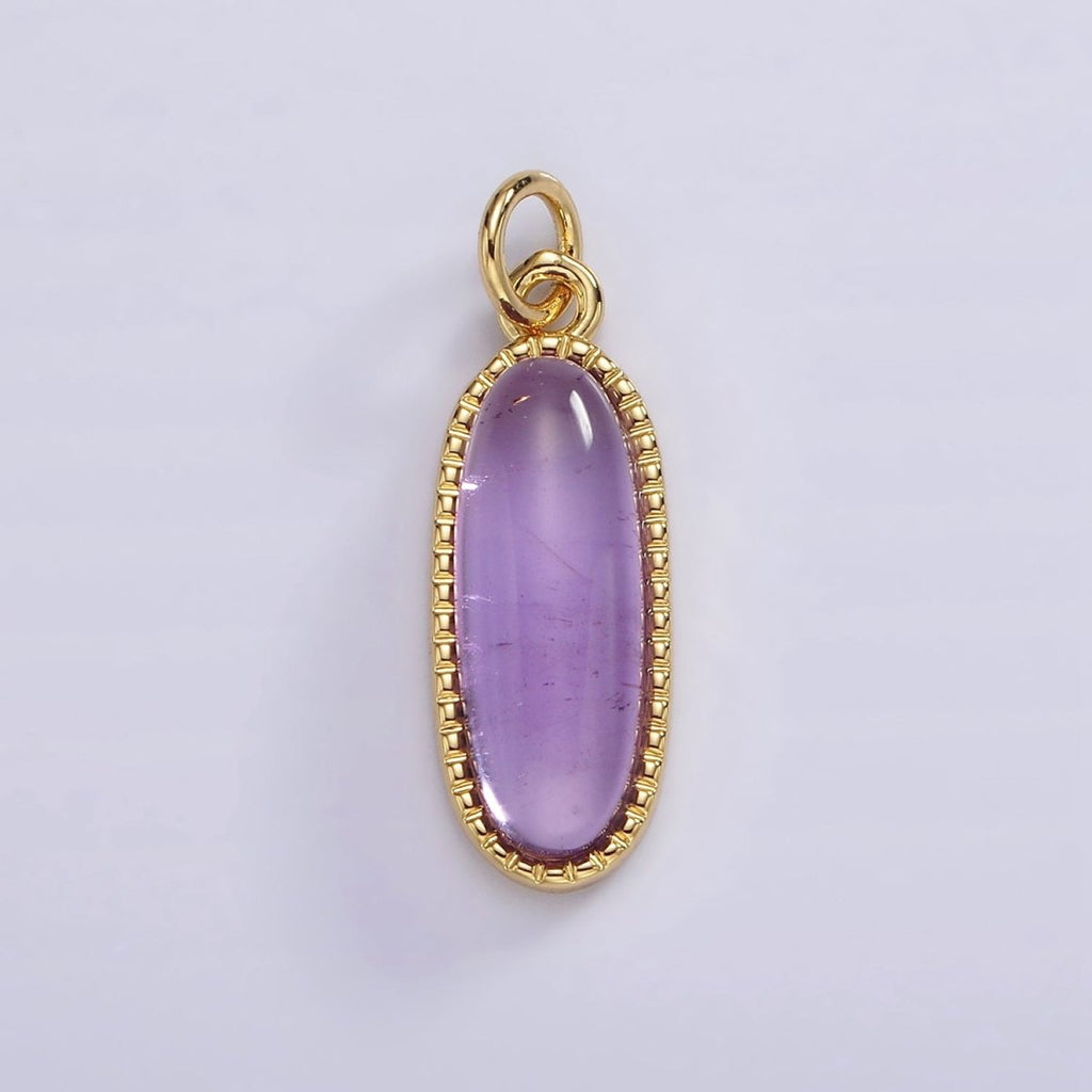 14K Gold plated 24mm Natural Gemstone Dotted Bezel Oblong Charm | AG566 - AG571 - DLUXCA