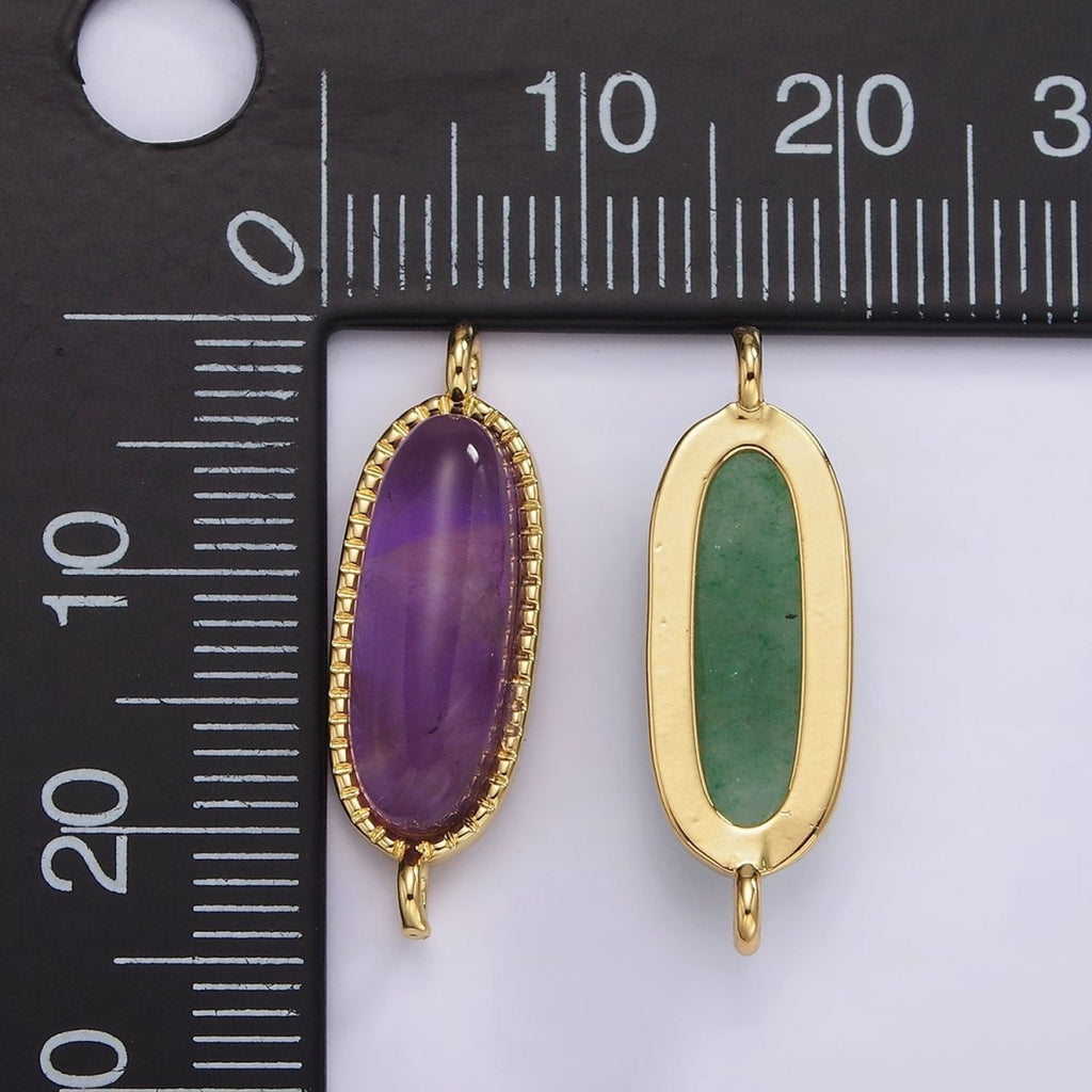 14K Gold plated 24mm Natural Gemstone Dotted Bezel Oblong Connector | G238 - G243 - DLUXCA